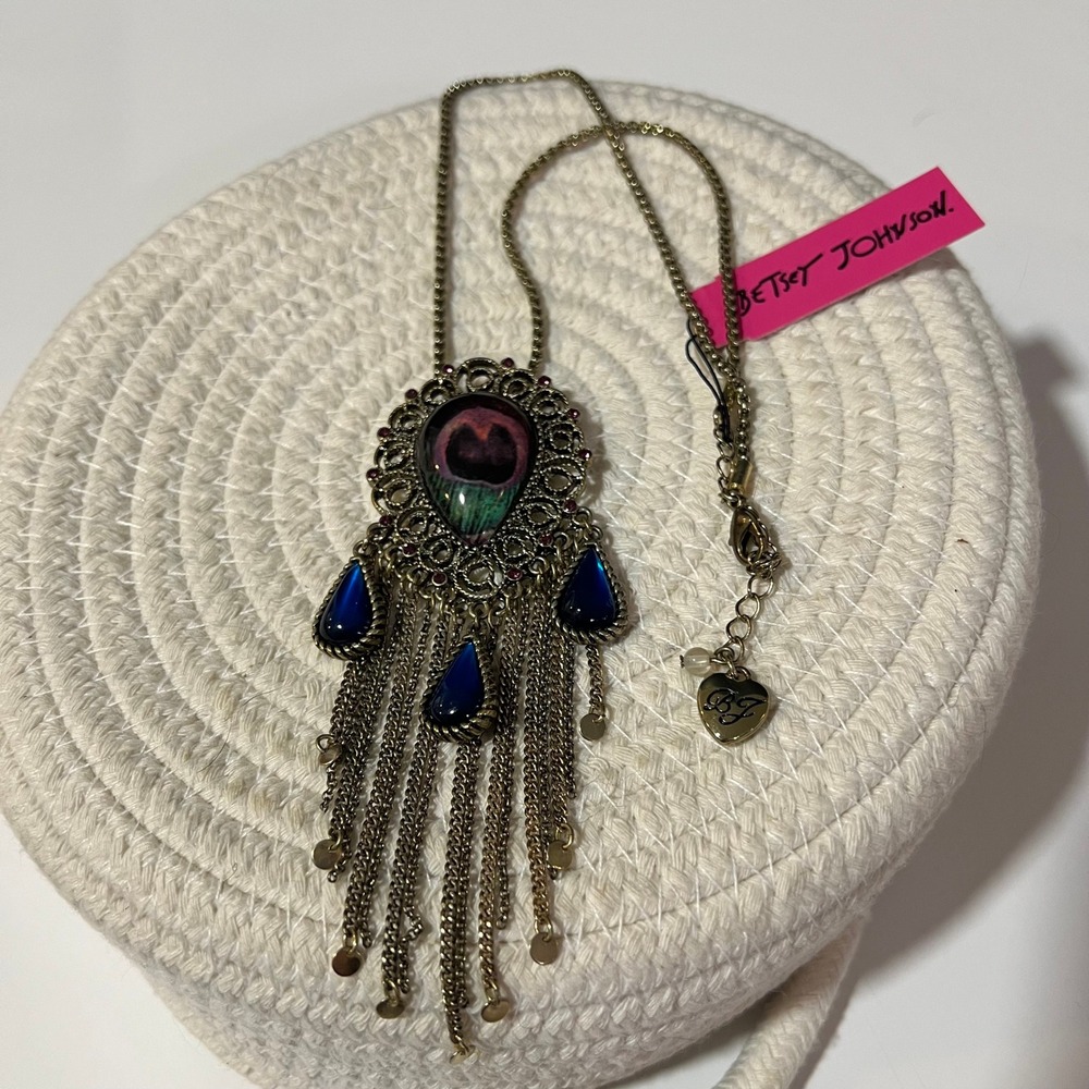 Betsey Johnson Peacock Feather Fringe Statement Necklace Gold Tone Blue Teardrop
